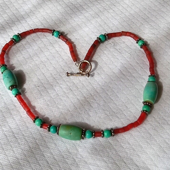 Necklace, Turquoise, Glass Coral colored beads,Sterling Toggle 17" - Picture 3 of 4